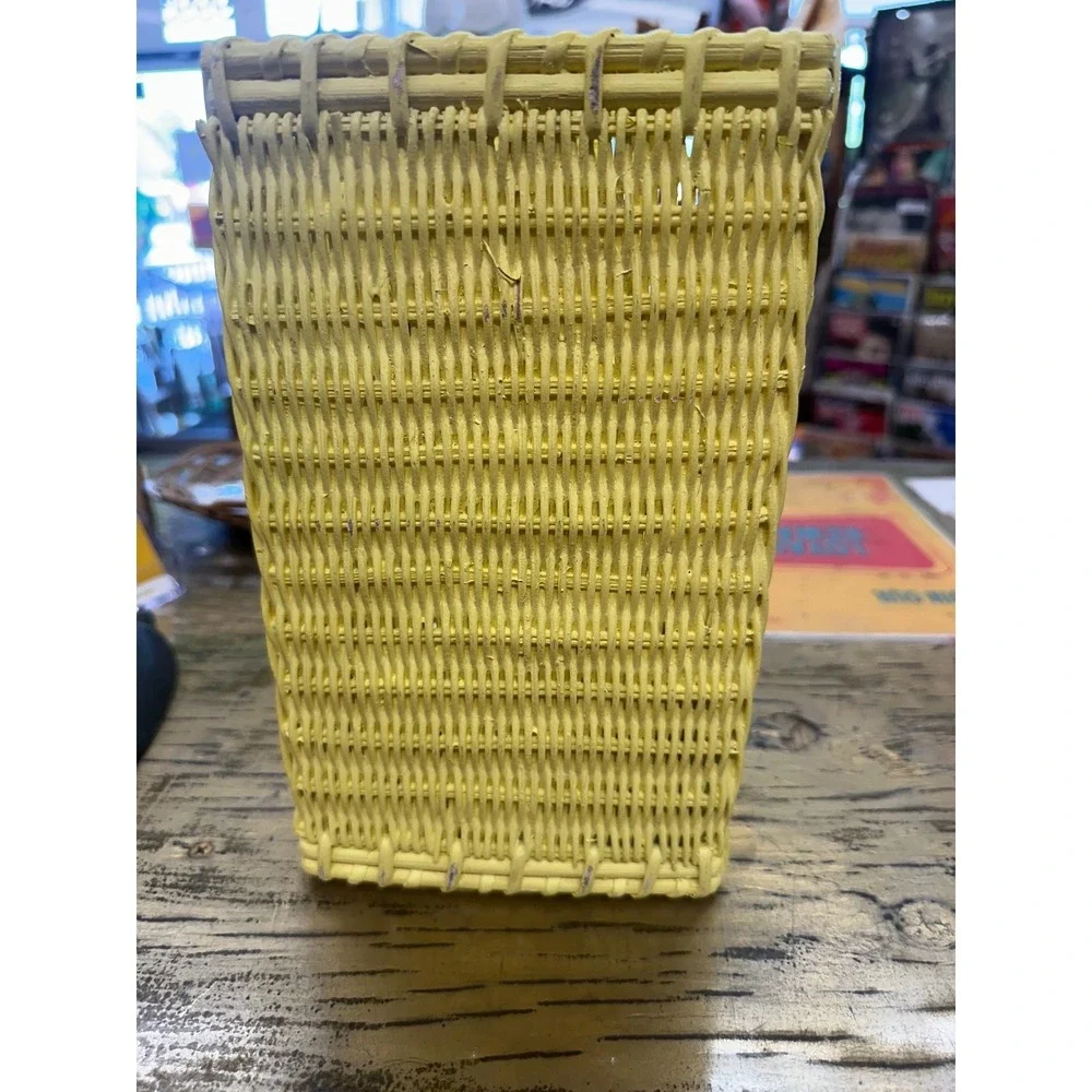 Vintage 70s Boho Yellow Wicker Kleenex Holder